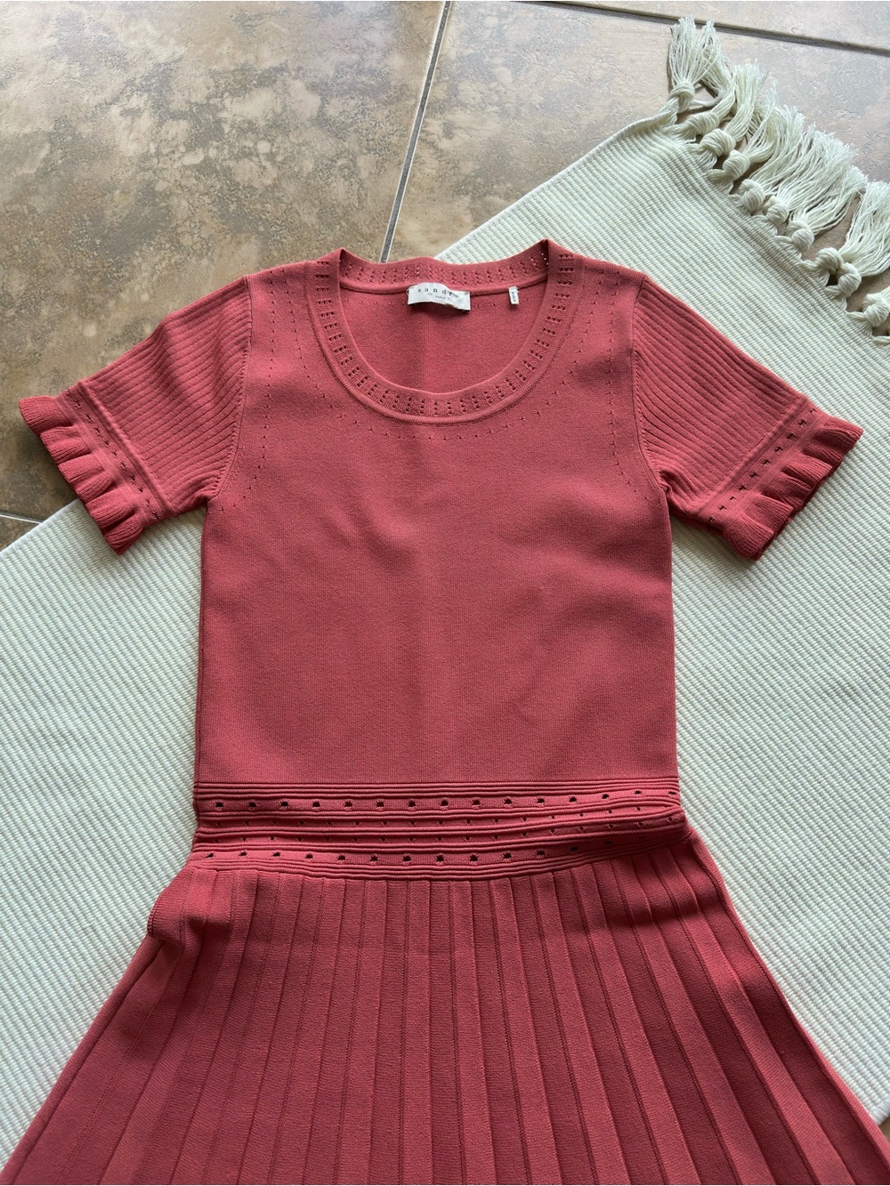 Sandro Paris Rose Pink Etor Eyelet-Detail Pleated Knit Dress - Picture 3 of 10